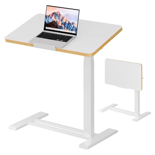 SANODESK Medical Adjustable Overbed Bedside Table with Casters 90° Tilt Top Pneumatic Mobile Rolling Laptop Computer Standing Desk Cart with Tray, Hospital and Home Use(27.6" W x 15.7" D, White) - color: White, size: Small