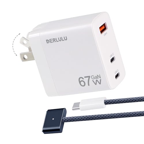 DERLULU 67W USB-C Charger for MacBook Air 13/15", GaN Fast Charging Adapter with Magnetic Cable 5ft (1.5m), 2C1A Compact for MacBook, iPad, iPhone