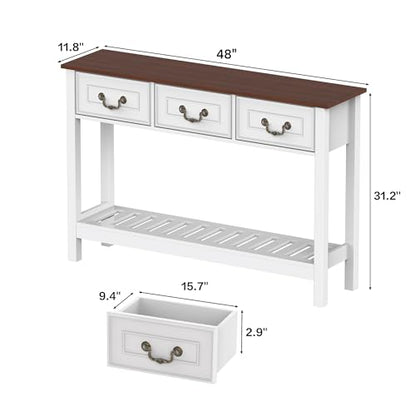Narrow Console Table with 3 Drawers, Entryway Table with Storage Shelves, Couch Table Behind Sofa, Wood Sofa Table for Living Room, Entryway, Hallway, White - color: White