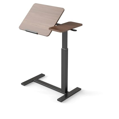 Haotian Overbed Table with Wheels, Adjustable Height Bedside Table with Tilting Desktop, Rolling Laptop Table with Side Shelf, Walnut and Black Mobile Desk for Bed, Sofa, Home Office - color: Walnut Brown and Black