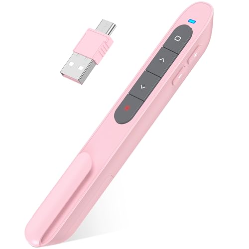 2-in-1 USB-A & USB-C Presentation Remote – Pink Wireless PowerPoint Clicker with Red Light, Volume Control & Hyperlink – Plug & Play Slide Advancer for Laptop, PC, Mac - color: Pink