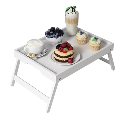 Youpehom Bamboo Bed Tray Table with Folding Legs, Medium, White | Bamboo bed tray with folding legs, handles and raised edges for meals, laptops, reading and serving in bed or on a sofa. - color: White, size: Medium