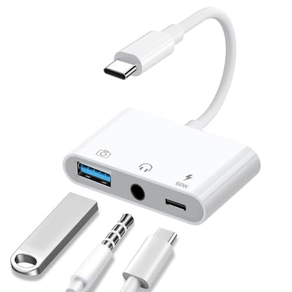 Aux to USB C to USB Adapter, 3-in-1 USB OTG Adapter with USB C to 3.5mm Audio Adapter and 60W PD Fast Charging Port, Compatible with iPhone15/16/17, iPadPro, MacBook, Galaxy S23 and More