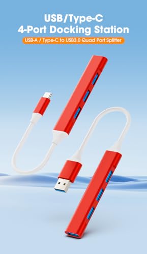 Mac USB C Adapter - Type C USB Adapter Hub with 4 Ports: 1 USB 3.0 + 3 USB 2.0, Ultra-Slim Aluminum Design, 5Gbps Transfer, Adapter for Mac USB C, Type C USB Hub (Red)