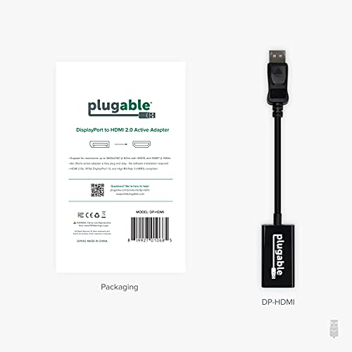 Plugable Active DisplayPort to HDMI Adapter, Uni-Directional, Driverless, Adapts Any Full-Sized DP Port to Enable Connecting a HDMI Cable and Display up to 4K 3840x2160 @60Hz