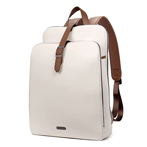 CLUCI Leather Backpack for Women, 15.6 inch Laptop Bag, Large Genuine Work Backpack Travel Back - color: 0-0 Beige With Brown