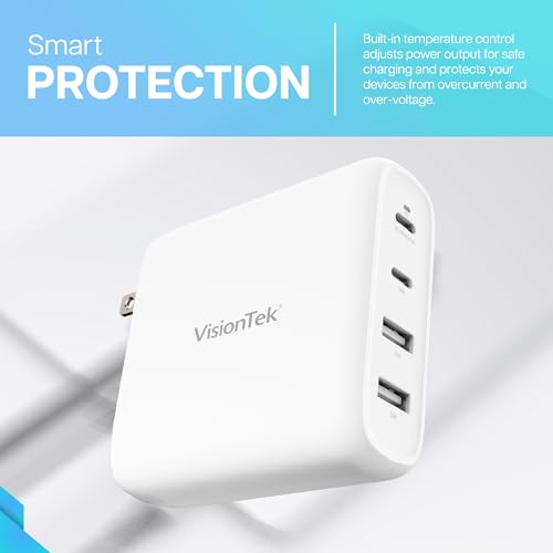 VisionTek 100W 4-Port USB-C Wall Charger, GaN Fast Charge, Foldable Plug | USB-C/USB-A PD Safe Fast Charging, GaN, Compact & Foldable Design, Travel Adapter, Universal Power Laptops, Tablets, Phones