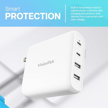 VisionTek 100W 4-Port USB-C Wall Charger, GaN Fast Charge, Foldable Plug | USB-C/USB-A PD Safe Fast Charging, GaN, Compact & Foldable Design, Travel Adapter, Universal Power Laptops, Tablets, Phones