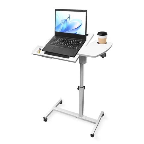 Medical Adjustable Overbed Bedside Table Teacher Podium Laptop Computer Cart Mobile Laptop Desk with 2 Tilting Desktops,Cup Holde,Drawer，Wheels for Office, Home and Classroom (White) - color: White-fba