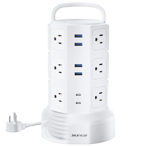 JACKYLED Power Strip Tower Surge Protector, 12 AC 6 USB (2 USB C), 1050J | 6.5Ft Retractable Extension Cord with Multiple Outlets, 1625W/13A Outlet Extender, USB Charging Station for Home Office Dorm - color: White, size: Medium-6.5ft