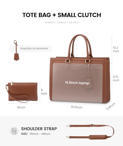 LOVEVOOK Laptop Tote Bag for Women, Leather Office Work Bag Briefcase fit for 15.6 inch Laptop, Large Teacher Computer Bag Handbag,2pcs Set Leather/Brown | PU Leather Business Briefcase Teacher Travel College Bag Handbag fit for 15.6 inch Laptop, Office P