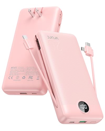 VRURC Portable Charger 20000mAh, Fast Charging Power Bank USB C,4 Output 2 Input Travel Essentials Charging Bank Equipped with LED Display,Built-in Wall Plug and Cables,Phone Charger Battery,Pink - color: Pink