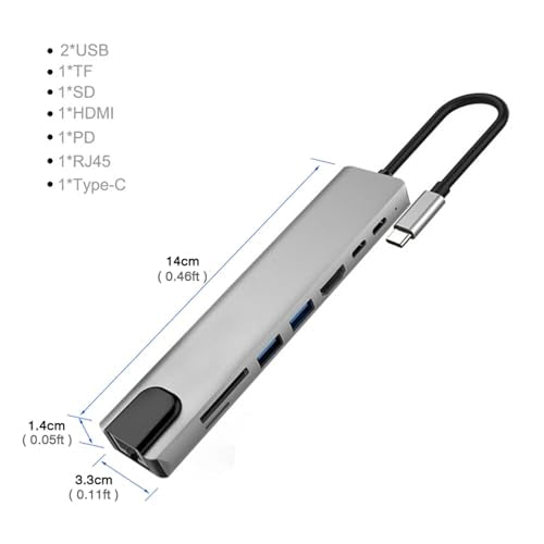 USB C Hub Adapter Laptop Docking Station 8 in 1 USBC Dongle to 4K HDMI,Ethernet,2 USB,Type-C,SD TF Card Reader,PD 100W Compatible with iPhone16/MacBook/Dell and Other Type C Laptops Device