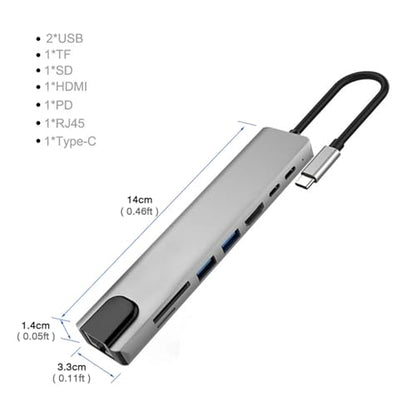 USB C Hub Adapter Laptop Docking Station 8 in 1 USBC Dongle to 4K HDMI,Ethernet,2 USB,Type-C,SD TF Card Reader,PD 100W Compatible with iPhone16/MacBook/Dell and Other Type C Laptops Device