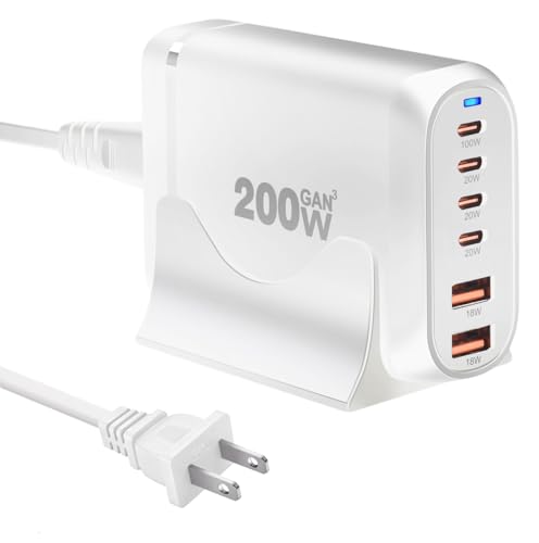 200W USB C Charger, 6 Ports USB C Fast Charging Station, GaN III PD QC Desktop Charger Block for Multiple Devices, Compatible with MacBook, DELL, Tablet iPad, iPhone, Samsung Galaxy, White - color: White