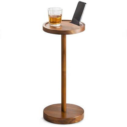 BLUEWEST 22 Inch Tall Drink Table with Phone Slot and Weighted Base, Acacia | Compact, Durable Pedestal Table for Living Rooms, Bedrooms or Offices, Designed for Cocktails, Martinis and Everyday Drinks. - color: Acacia