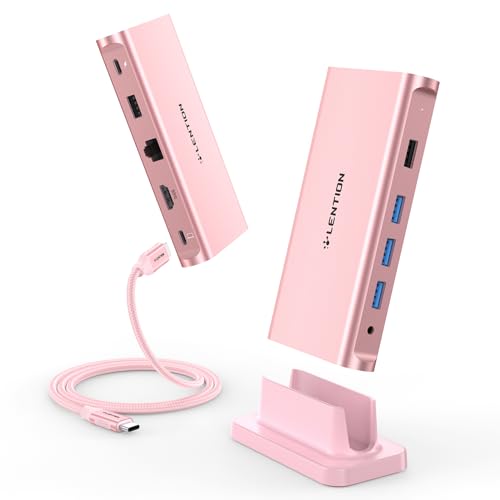 LENTION USB C Docking Station with 100W PD, 4K HDMI, Gigabit Ethernet, USB 3.0/2.0, Aux Adapter for 2026-2016 MacBook Pro, 2026-2018 Mac Air/Surface/Steam Deck, More, Stable Driver Certified - color: Rose Gold