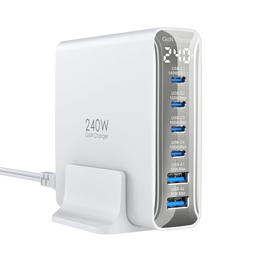 TOPADRE 240W USB C Charger with Display,6 Ports Charging Station,Laptop GaN Desktop Charger,140W Fast Charging Block for MacBook, iPad, iPhone 17/16, Galaxy S25/S24, Steam Deck, Dell XPS and More - color: White