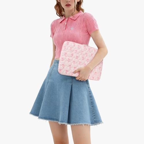 Cute Bow Puffy Laptop Sleeve 13-15 Inch Cute Quilted Laptop Protective Case Padded Bow Computer Sleeve for MacBook - color: bow Pink, size: 13inch
