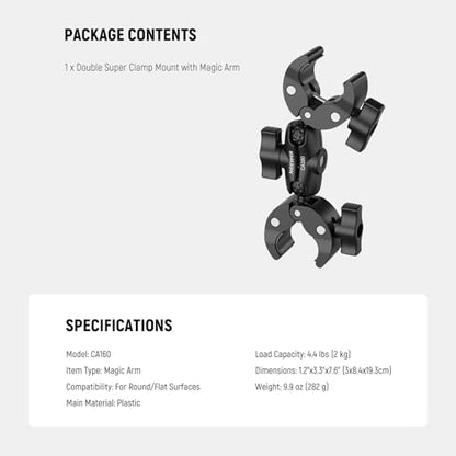 NEEWER Double Super Clamp Mount with Magic Arm, 360° Umbrella Flag Pole Clamp Holder for Desk Photo Studio Light Stand Photography Reflector Scrim Cross Bar Motorcycle Handlebar Stroller Chair, CA160 - style: CA160
