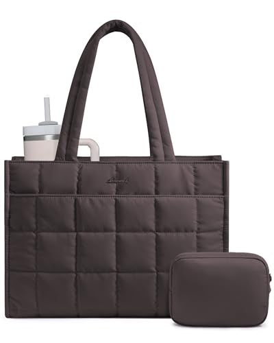 LOVEVOOK Tote Bag for Women, Puffer Work Handbag 15.6 Inch Laptop Purse for Nurse Teacher, Large Quilted Travel Tote Shoulder Bag with Zipper for College Office Clinical Gym, Coffee - color: Coffee, size: 15.6 inch