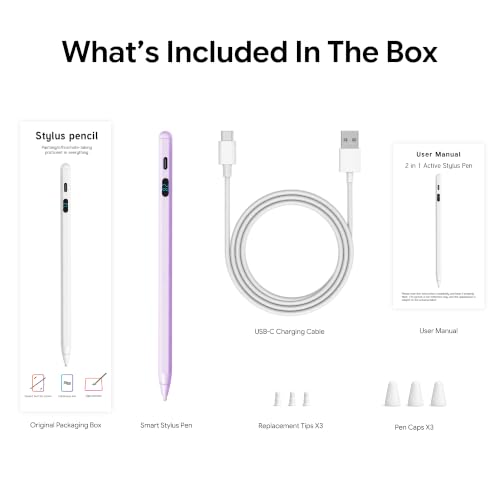 Active Stylus Pen with LED Display, 2-in-1 Dual Modes Digital Pencil for iPad iPhone Samsung Android Tablets & Switch, Palm Rejection & Tilt Sensitivity for Drawing, No Bluetooth Pairing (Purple) - color: Purple