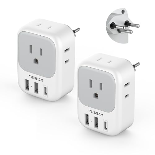 TESSAN Switzerland Travel Plug Adapter, Type J Plug, 2 Pack | 4 Outlets, 3 USB Charging Ports (1 USB C), US to Switzerland, Liechtenstein, Rwanda - color: White grey-Type J