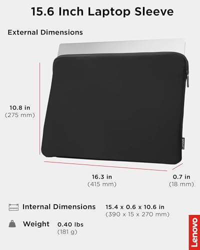 Lenovo Basic Laptop Sleeve 15.6 Inch Notebook/Tablet Compatible with MacBook Air/Pro Neoprene Material - Soft Fleece Lining - Zippered Top Opening - Black - size: 15.6 inch