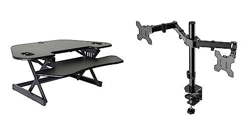 Rocelco 46" Height Adjustable Corner Standing Desk Converter with AC Outlet USB Charger and Dual Monitor Arm Mount - Stand Up Tabletop Riser Workstation - Keyboard Tray - Black (R CADRB-46-ACUSB-DM2) - color: Black+acusb, style: Riser + Dual Mount