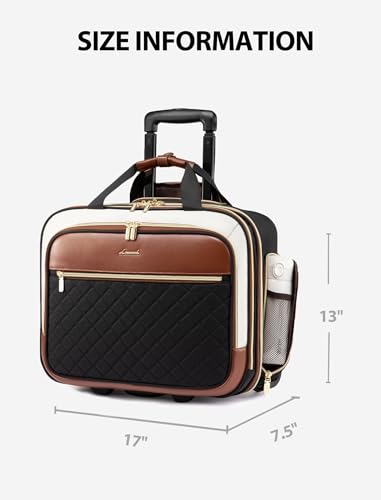 LOVEVOOK Rolling Laptop Bag Women, 17.3 Inch Laptop Briefcase with Wheels, Soft Sided Underseat Carry On Luggage Personal Item Suitcase for Work Travel Business, Black Brown Beige - color: Black-Brown-White