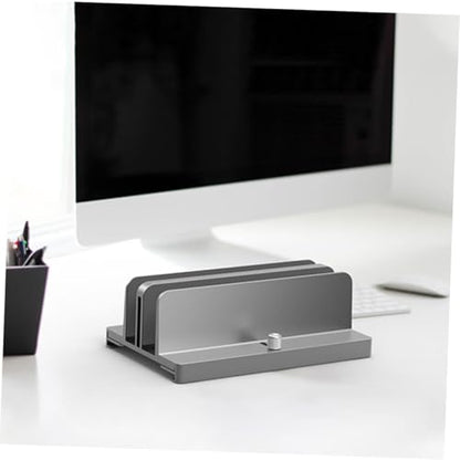 KOMBIUDA Aluminum Adjustable Dual-Slot Vertical Laptop Stand Tablet Base Holder Gray for Desk Organization and Space Saving