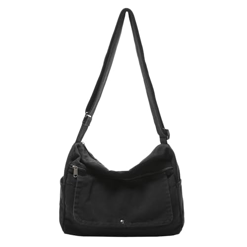 PRAGARI Canvas Messenger Bag for Women Hobo Crossbody Shoulder Bag Vintage Satchel Tote Handbag with Multiple Pockets - color: Black