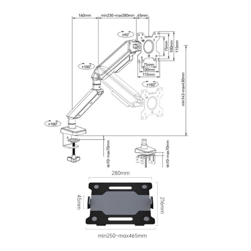 Monitor Stand, Laptop Mount with Adjustable Tray for 10-17”Notebook, Full Motion Gas Spring Mount Arm for 17-32”Monitor (Within 4.4~22.0lbs), C-Clamp and Grommet Base Monitor arm adjustable(White)