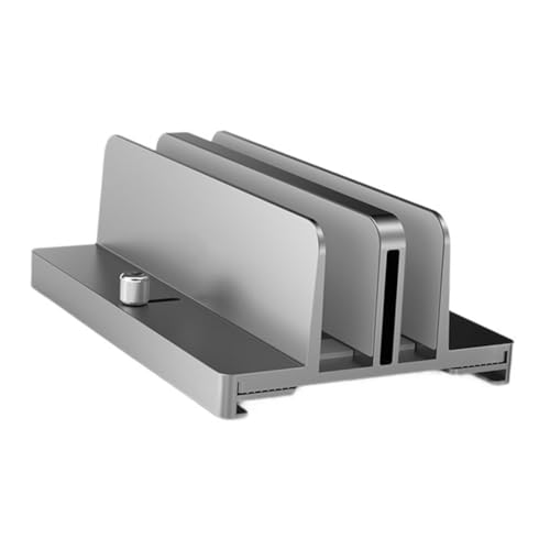 Angoily Aluminum Alloy Laptop Vertical Support Stand with Dual-Slot Adjustable Width, Vertical Laptop Rack and Tablet Holder for Desk Organization, Gray