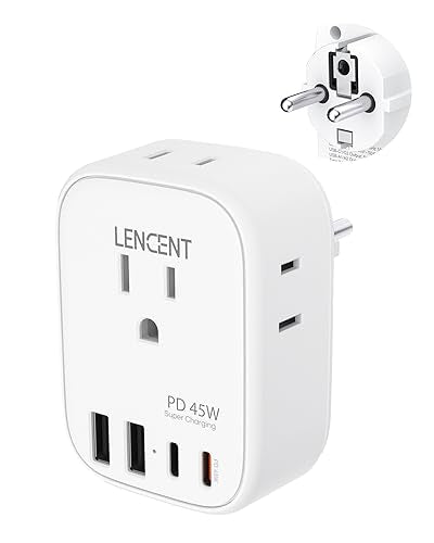 LENCENT Germany France Travel Power Adapter, PD 45W USB C Fast Charger | Schuko Type E F Plug Adapter with 4 Outlets, Travel Essentials for US to Europe EU Spain Greece Russia Germany South Korea - style: Type E/F-45W-Germany