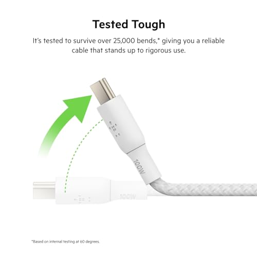 Belkin USB C to USB C 100W Braided Cable Fast iPhone Charger Cord, 9.9ft (Pack of 6) - color: White, style: 9.9ft (Pack of 6)