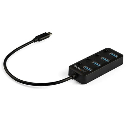 StarTech 4-Port USB-C Hub with 4x USB-A, 5Gbps, Switches (HB30C4AIB) | USB Powered USB 3.0 expansion splitter, Individual on/off port switches with LEDs, 15W shared, 9.8in 25cm cable - color: Black, style: On/Off switches