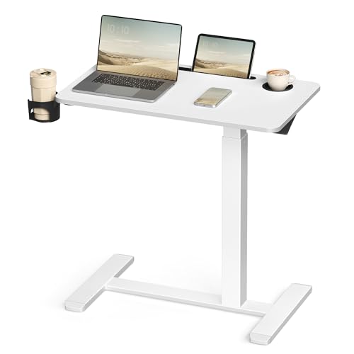 VASAGLE Overbed Table with Wheels, Mobile Standing Computer Desk, 27.6 x 15.7 Inches Tabletop, Adjustable Height, 2 Cup Holders, Phone and Tablet Slot, Cloud White ULSD600W01 - size: 27.6"W x 15.7"D