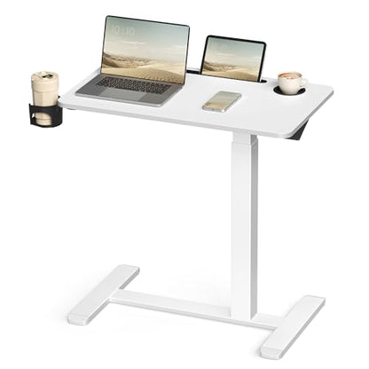 VASAGLE Overbed Table with Wheels, Mobile Standing Computer Desk, 27.6 x 15.7 Inches Tabletop, Adjustable Height, 2 Cup Holders, Phone and Tablet Slot, Cloud White ULSD600W01 - size: 27.6"W x 15.7"D