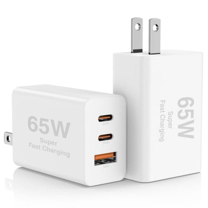 Hzevn 2Pack 65W USB C Wall Charger Block, 3-Port USB C Charging Adapter,Multi Super Fast Charging Power Plug Cube for MacBook Pro/Air,i-Pad Pro,i-Phone 17/16/15, Galaxy S25,and More-White - color: White+White