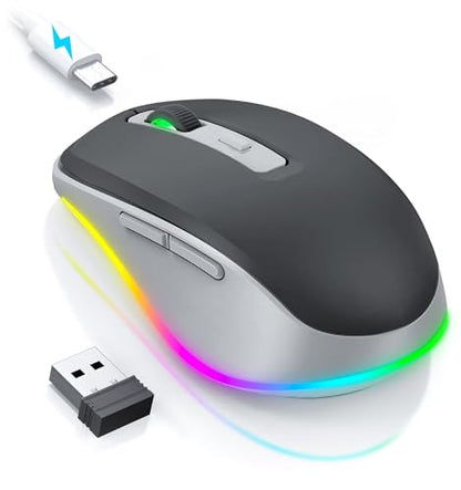 PEIOUS Wireless Mouse Jiggler - Keep Computers Awake, Black & Grey | Rechargeable LED Mouse, Silent Clicks, Adjustable DPI and Random Movement Keep Computers Awake for Laptop/PC/Mac - color: Grey