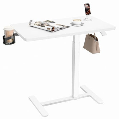 YESHOMY Adjustable Bedside Table with Wheels, Phone Stand, Cup Holder and Headphone Hook, Adjustable Height Side Table, Hospital and Home Use, White - color: White, size: 31.5 Inch