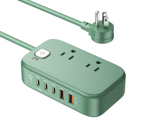 Travel Power Strip, Fast USB Charging Station 65W Max 7-in-1 USB Charger with 2 Outlets 3 USB C & 2 USB A, 5FT Flat Extension Cord for Travel, Home, Office,Dorm,Cruise Essentials (Green) - color: Green