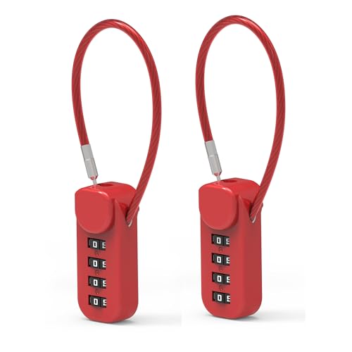 4 Digit Combination Lock, Small Padlock Combination, Combo Cable Lock with Code for Luggage, Suitcase, Gym Locker, Backpack Bag Zipper, Box, Fence Door, Travel Safe Candados, Outdoor Use - color: Red+Red