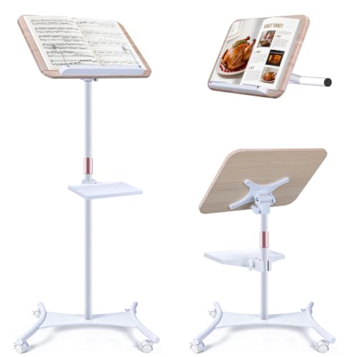 2 in 1 Dual-use Music Stand & Desktop Book Stand, Adjustable Height 16.5"-51", 100% Solid Wood Laptop Floor Stand Book Holder with Elastic Page Clips for Cookbooks (White with Tray and Wheels) - color: White With Tray and Wheels