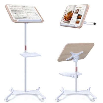 2 in 1 Dual-use Music Stand & Desktop Book Stand, Adjustable Height 16.5"-51", 100% Solid Wood Laptop Floor Stand Book Holder with Elastic Page Clips for Cookbooks (White with Tray and Wheels) - color: White With Tray and Wheels