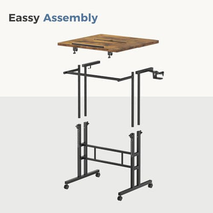 DUMOS Rolling Standing Desk, Sit Stand Desk, Computer Cart | 23.6 Inch Width, Height Adjustable, Split Top, Mobile Laptop Workstation, Office Table, Portable Design, Rustic Brown - color: Brown