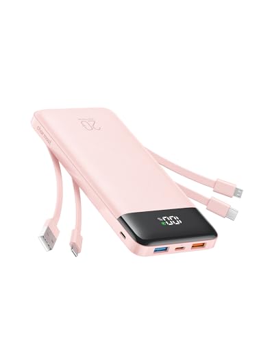 charmast 20000mAh Portable Charger with Built in Cables, 22.5W Travel Power Bank Fast Charging, USB C Cell Phone Battery Pack for iPhone 17/16/15/14/13/12 Series, iPad, Samsung, Android, Tablet - color: Dusty Pink