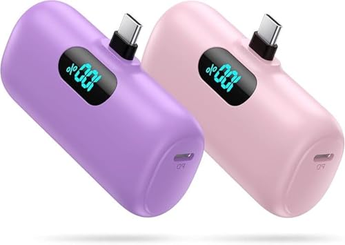 [2 Pack]Small Portable Charger for iPhone 17/16/15 Series,5000mAh 3A PD USB C Power Bank, Mini Travel Essentials Battery Pack for iPhone 17/17 Pro/16/16 Plus/16 Pro/15 Pro Max,Samsung,Android/LG etc - color: Pink+Purple, size: 5000mah