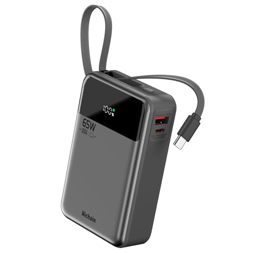 Hichain Laptop Power Bank 65W 20000mAh with Built-in USB-C Cable | 3 Chraging Port Fast Charging Battery Pack for MacBook iPhone 17 16 15 Series Android Switch Travel Essential Gray - color: Black